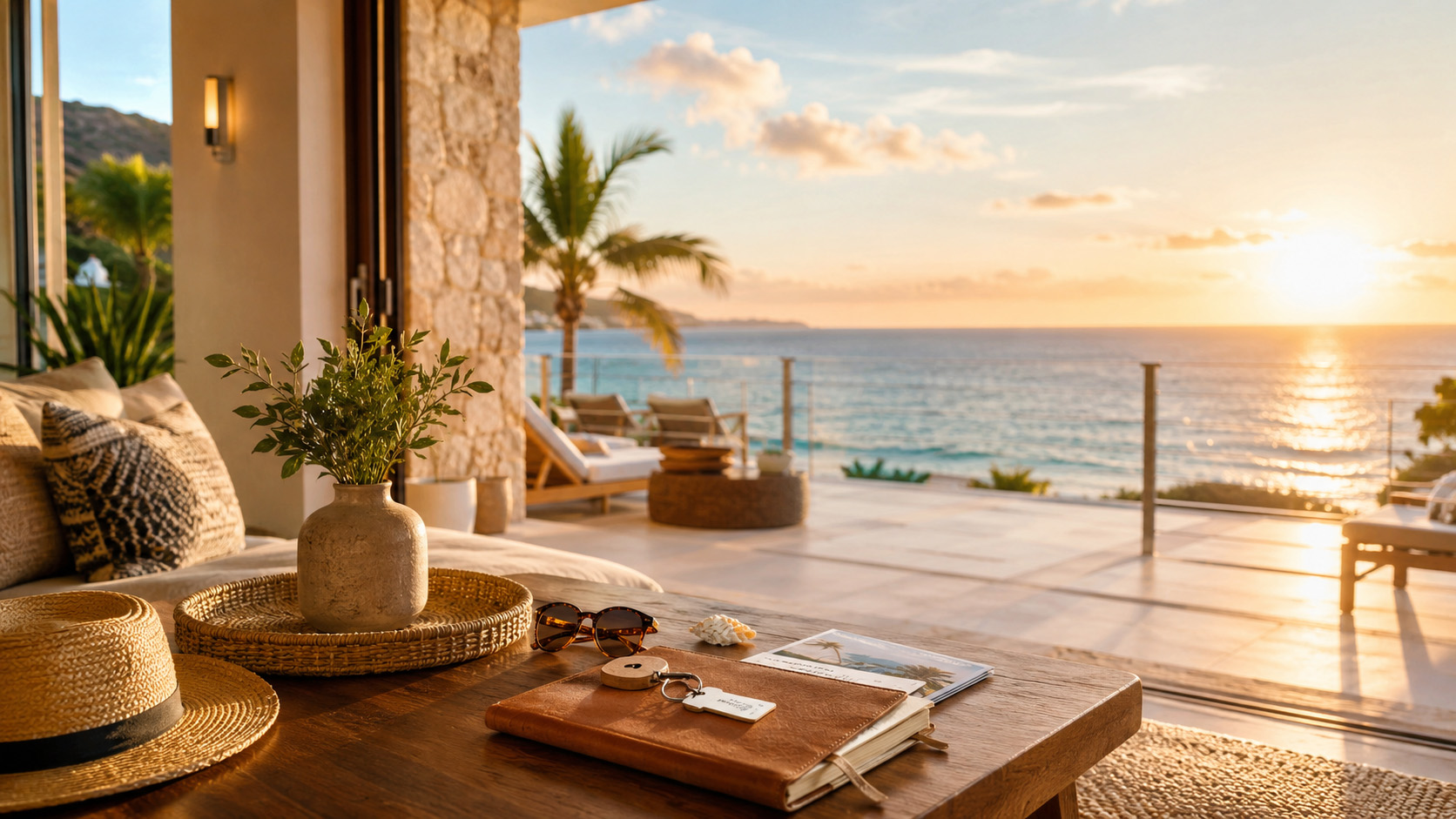 The open terrace of a beachfront vacation rental at sunset, with a sun hat, sunglasses and a set of keys resting on the table and the sea beyond