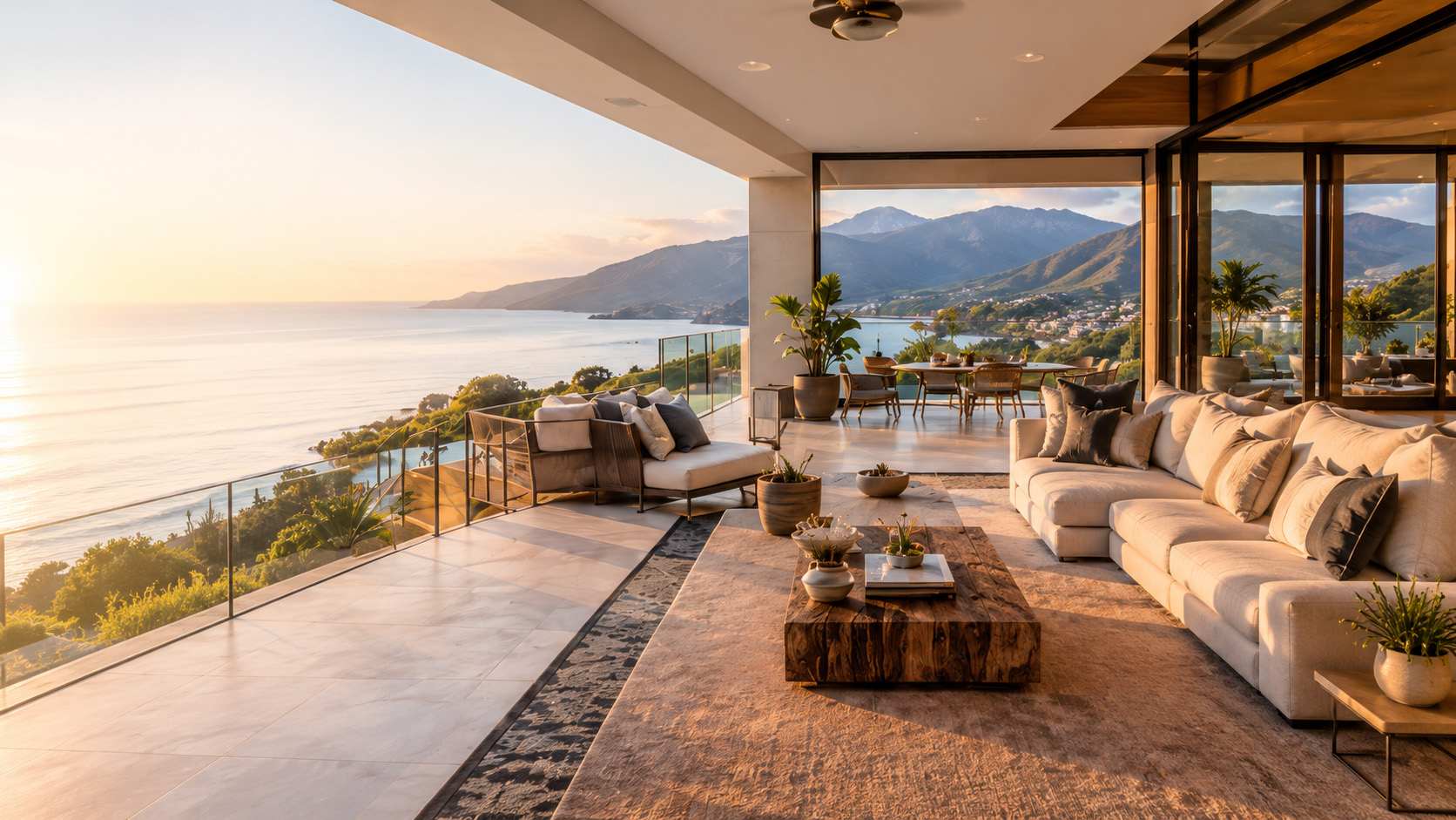A coastal vacation rental at golden hour: an open living room with deep sofas beside a wide terrace, looking out over the ocean and headlands